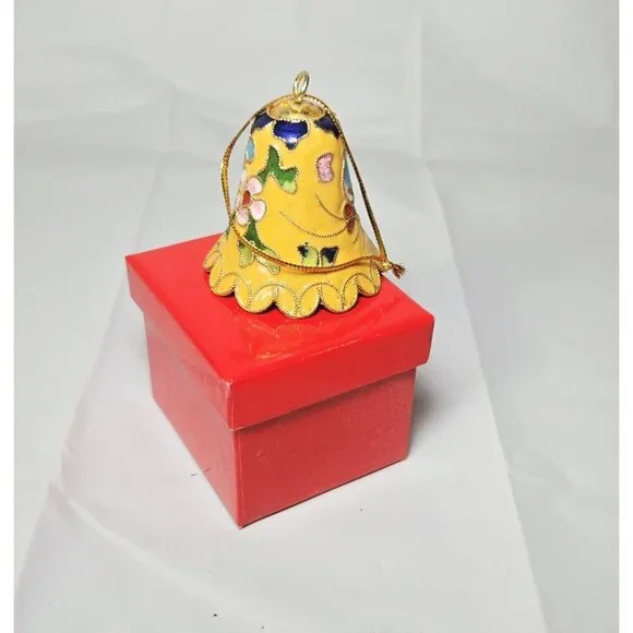 Vtg Cloisonne Enamel Floral Bell Brass Tone w/bright Yellow Enamel Interior 2" - Picture 1 of 3